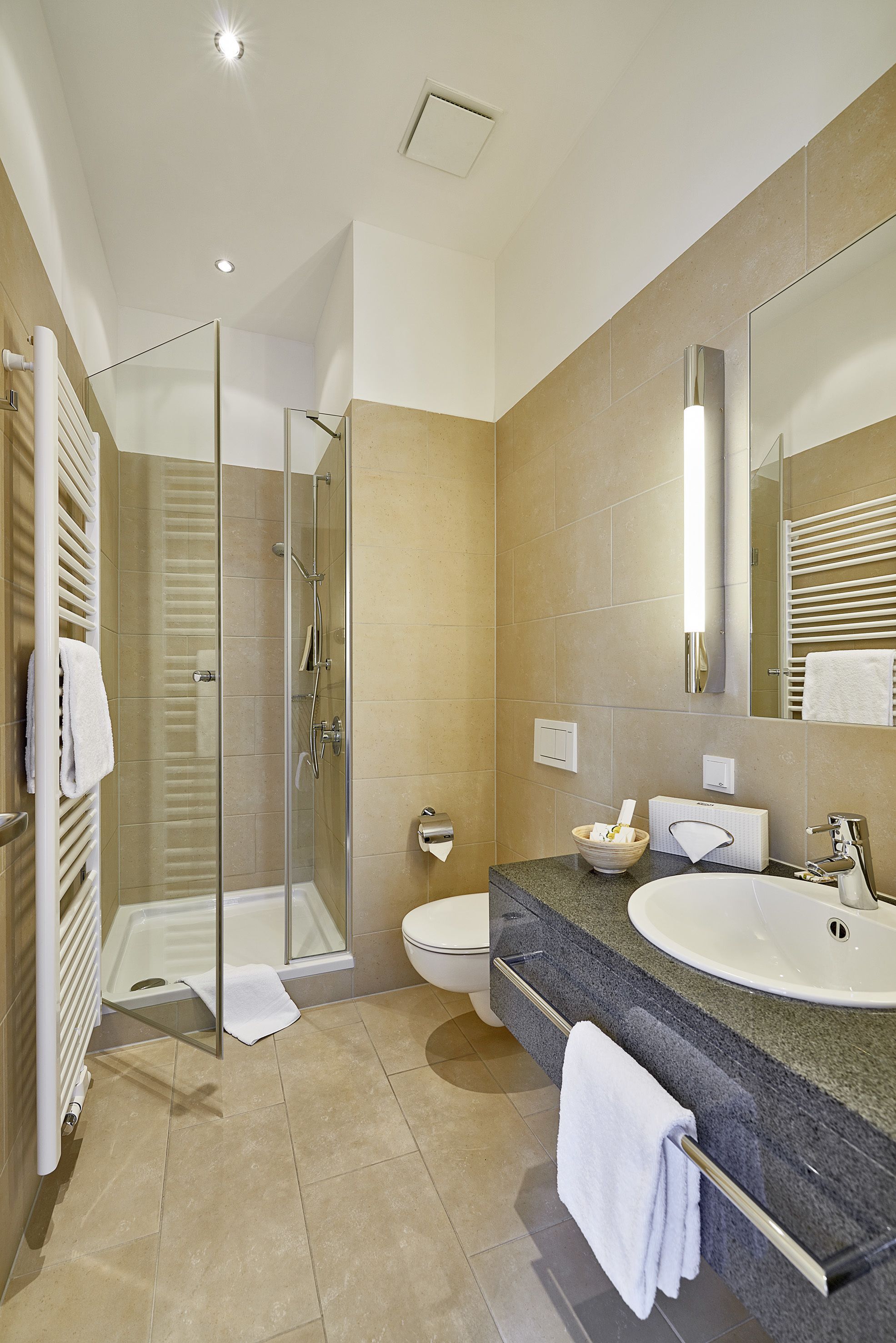A modern bathroom with a glass-enclosed shower, a large sink, and a mirror.