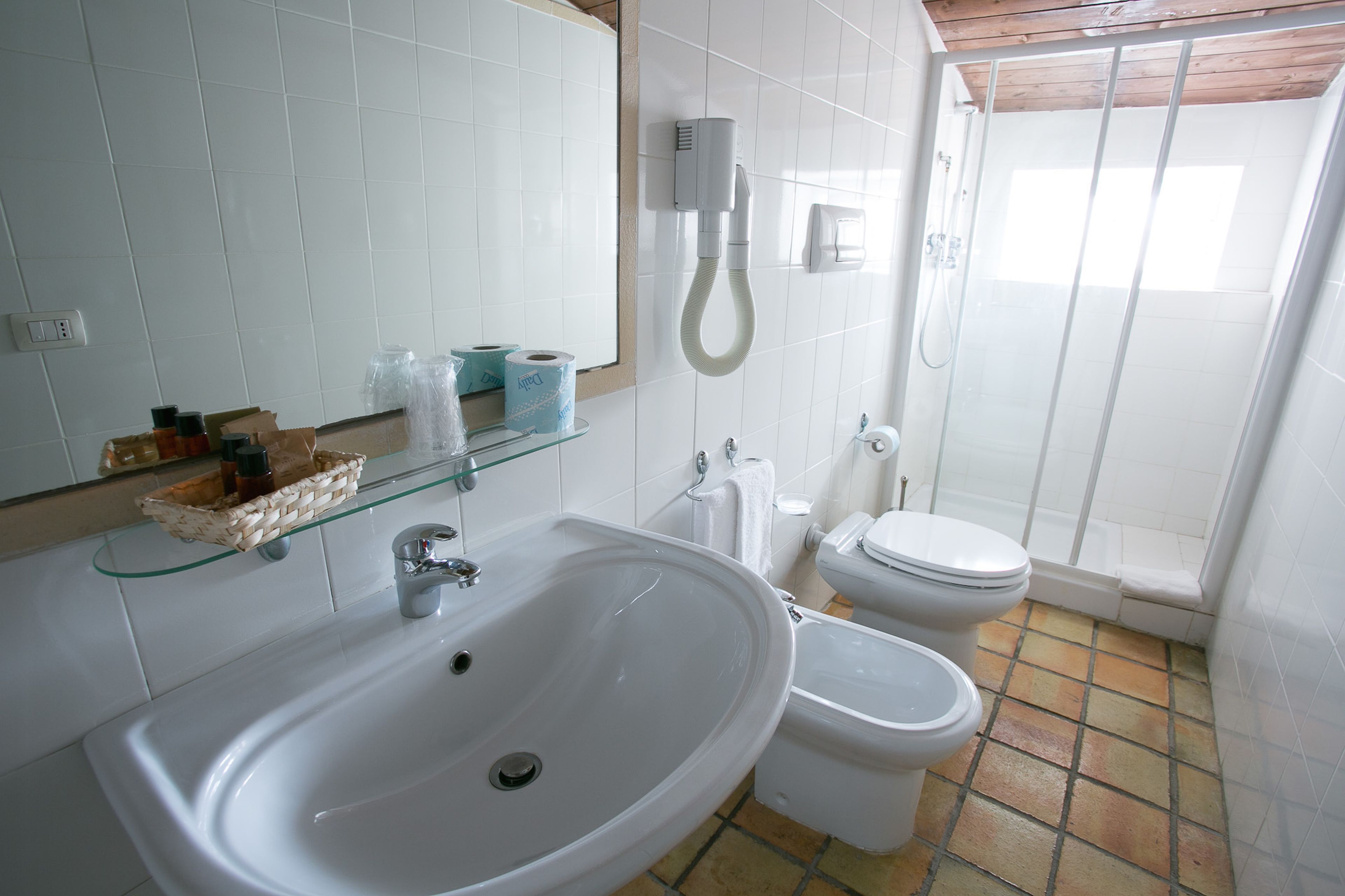 A bathroom with a white sink, a toilet, and a shower.