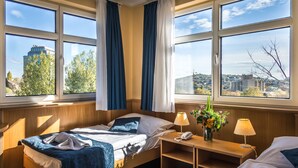 Une chambre d’hôtel avec un lit, des tables de chevet, un téléphone et une vue sur la ville.