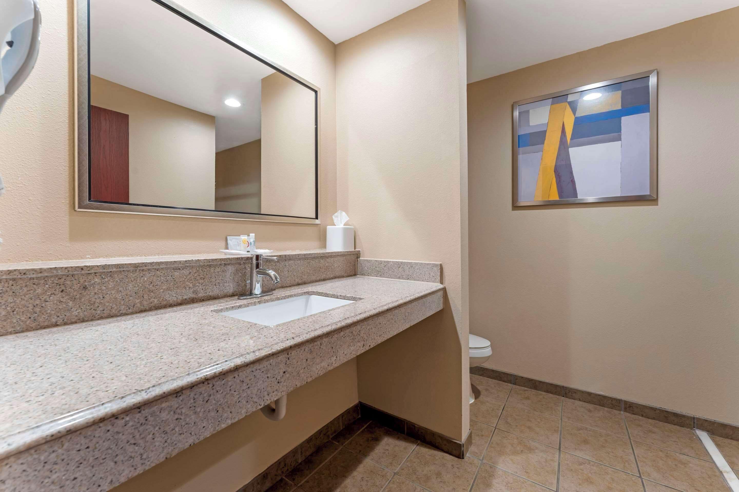 Un bagno con lavabo in granito, uno specchio, un water e un quadro astratto incorniciato a parete.