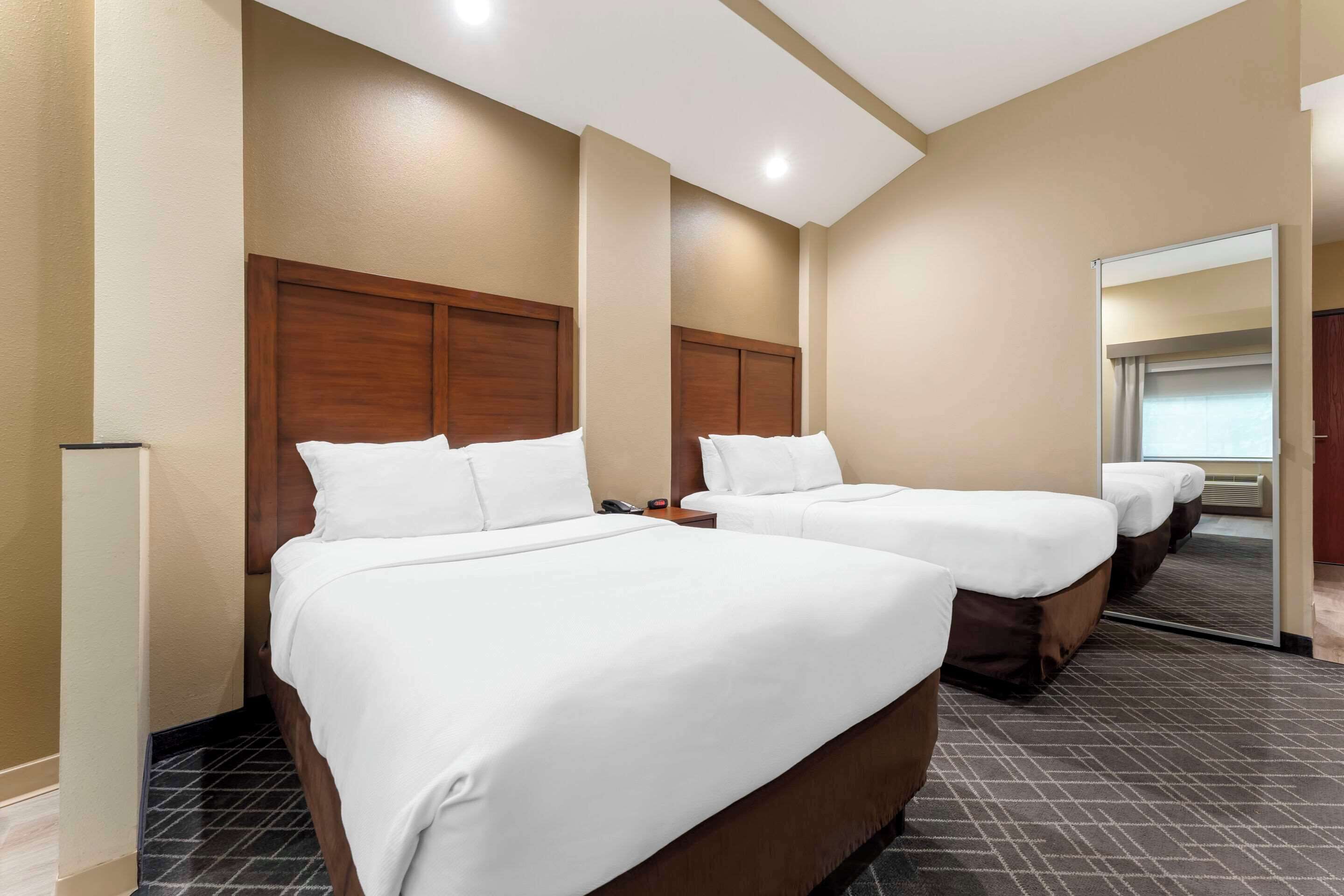 Een hotelkamer met twee bedden, een houten hoofdeinde, een spiegel en een vloerbedekking.