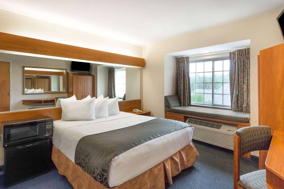 A hotel room with a bed, a desk, a microwave, a window with curtains, and a view of greenery outside.