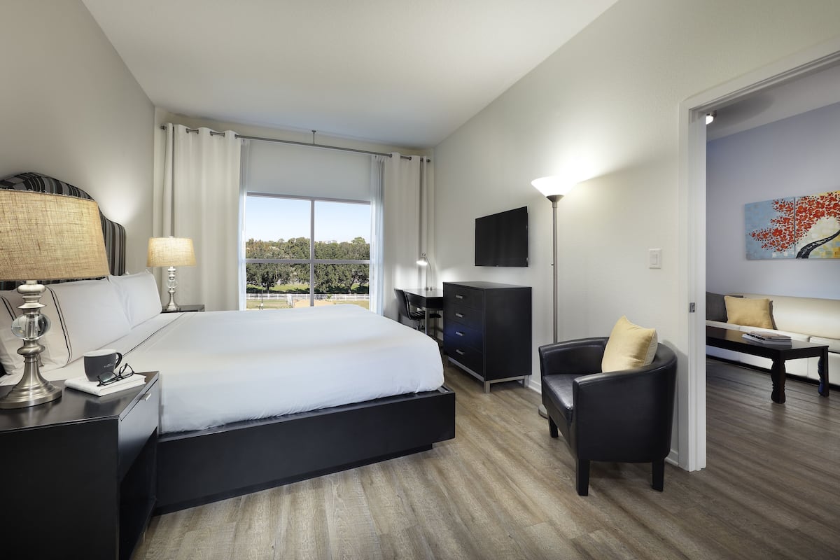 Quarto de hotel moderno com uma cama grande, uma escrivaninha, uma cadeira e uma televisão.