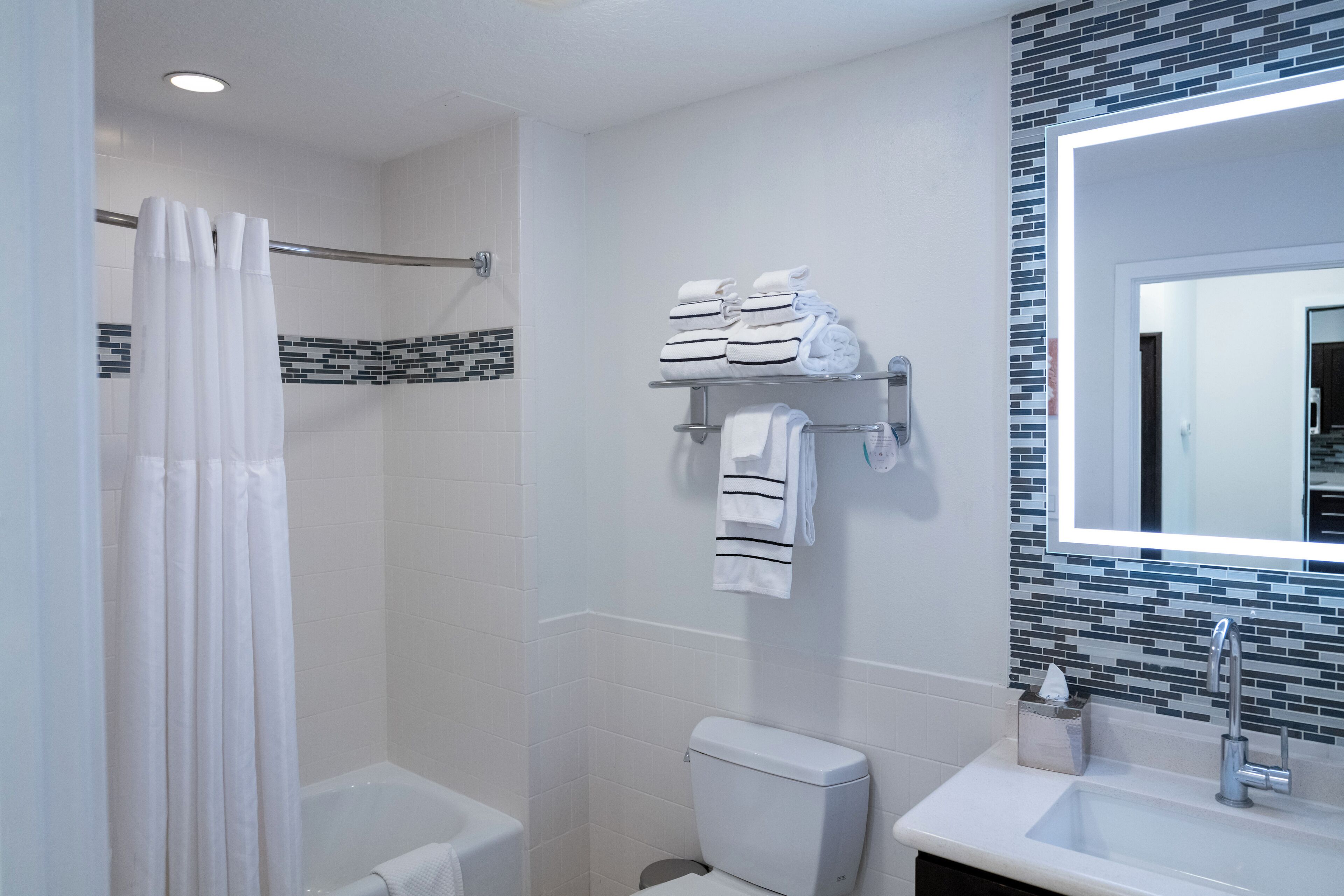 A modern bathroom with a shower, toilet, and sink.