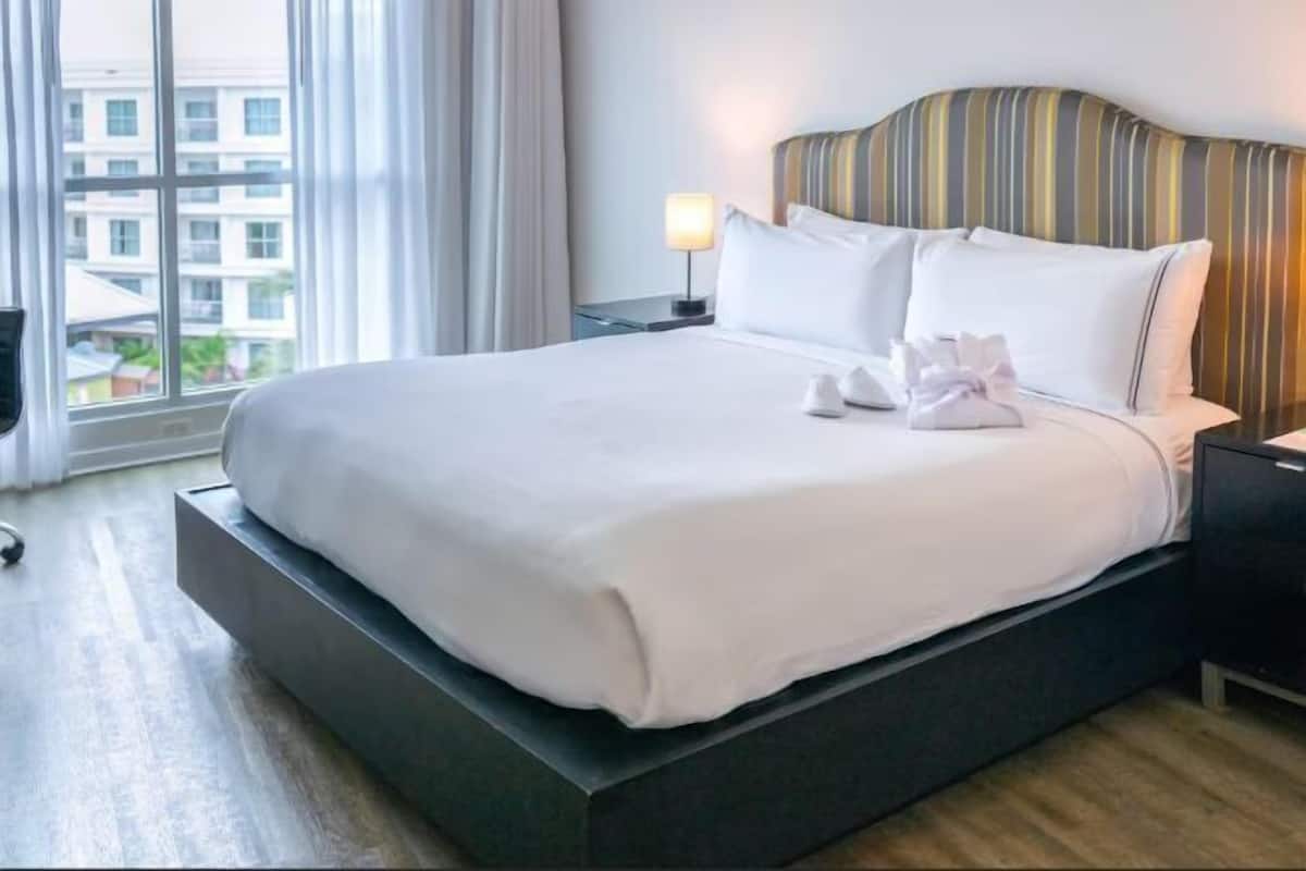 In-room safe, desk, laptop workspace, blackout curtains