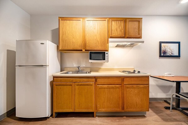 Full-size fridge, microwave, stovetop, freezer