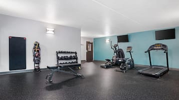 Ein Fitnessraum mit Trainingsgeräten, darunter Kurzhanteln, eine Bank, ein Ergometer und ein Laufband.