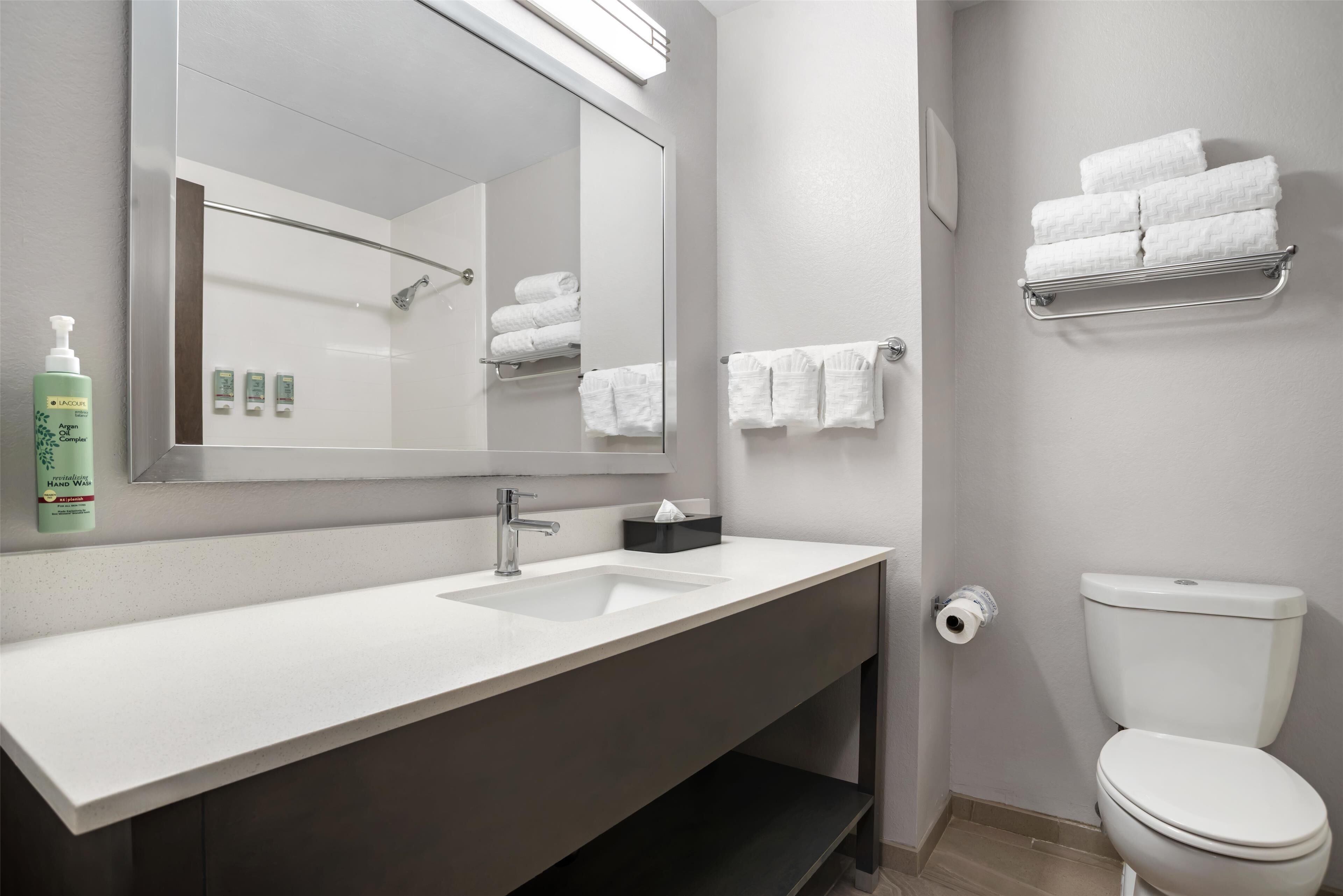 designer toiletries, hair dryer, towels, soap