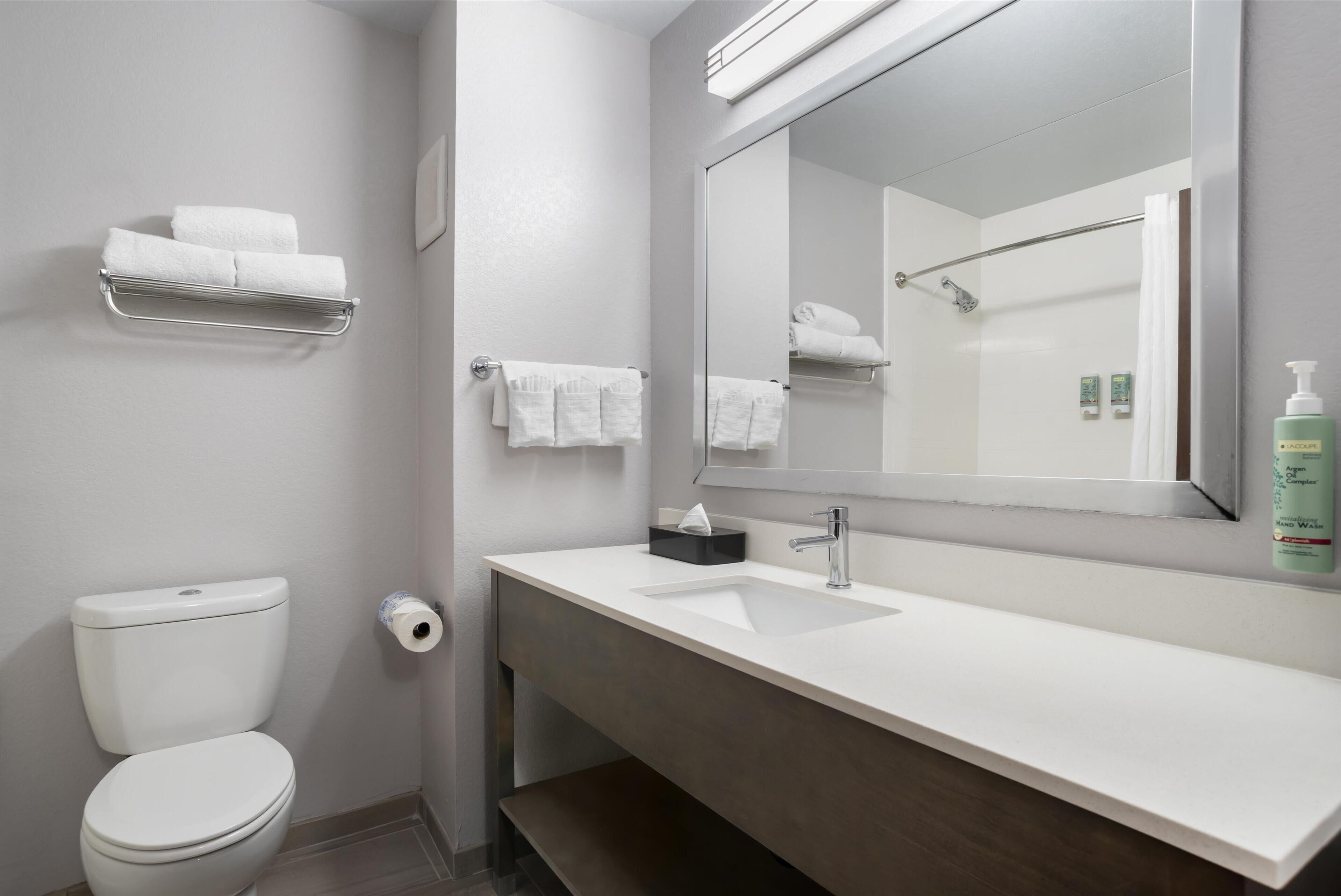 standard room, 2 queen beds, non smoking, refrigerator & microwave (pet friendly) | bathroom | designer toiletries, hair dryer, towels, soap