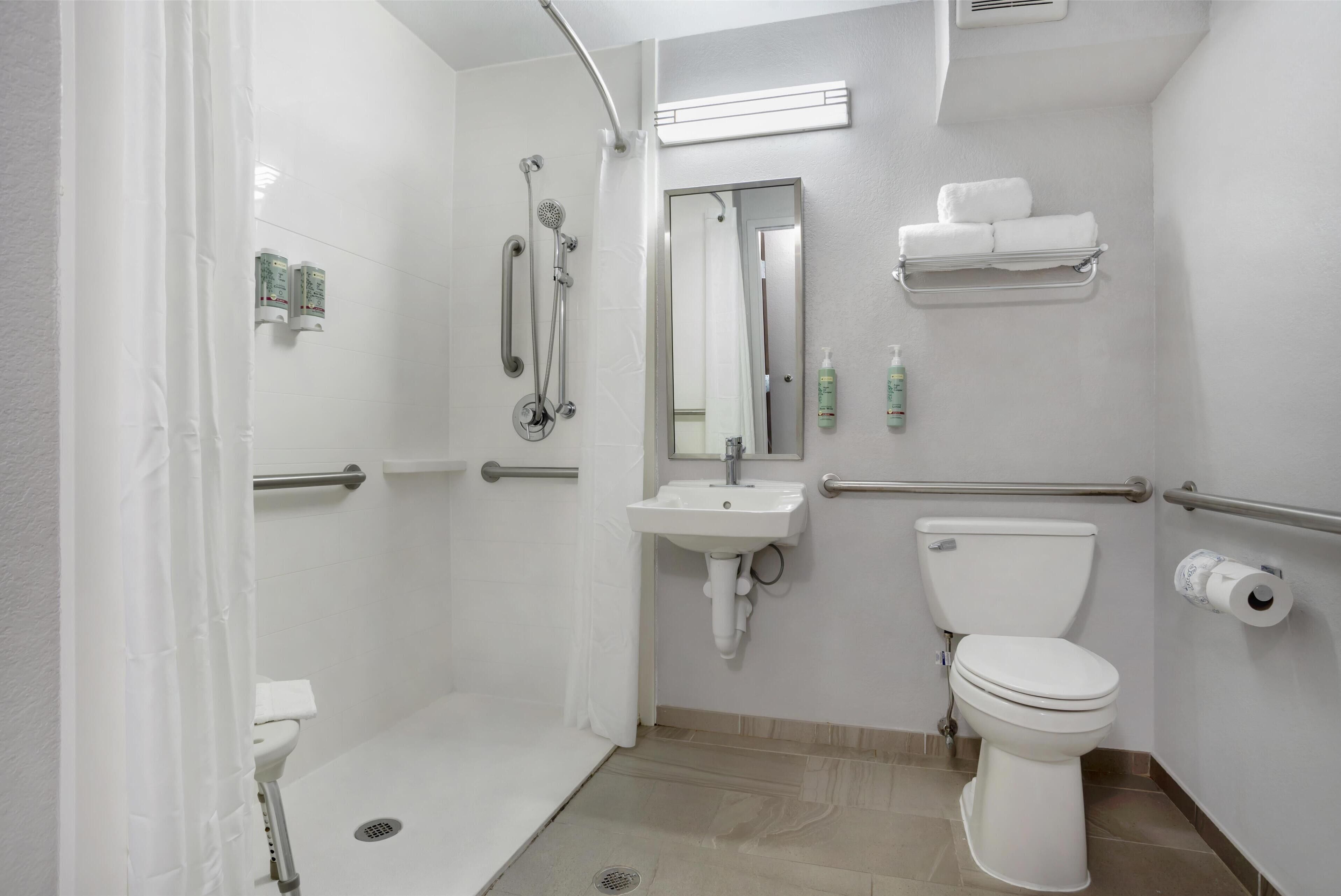 standard room, 2 queen beds, accessible, refrigerator & microwave (pet friendly) | bathroom | designer toiletries, hair dryer, towels, soap