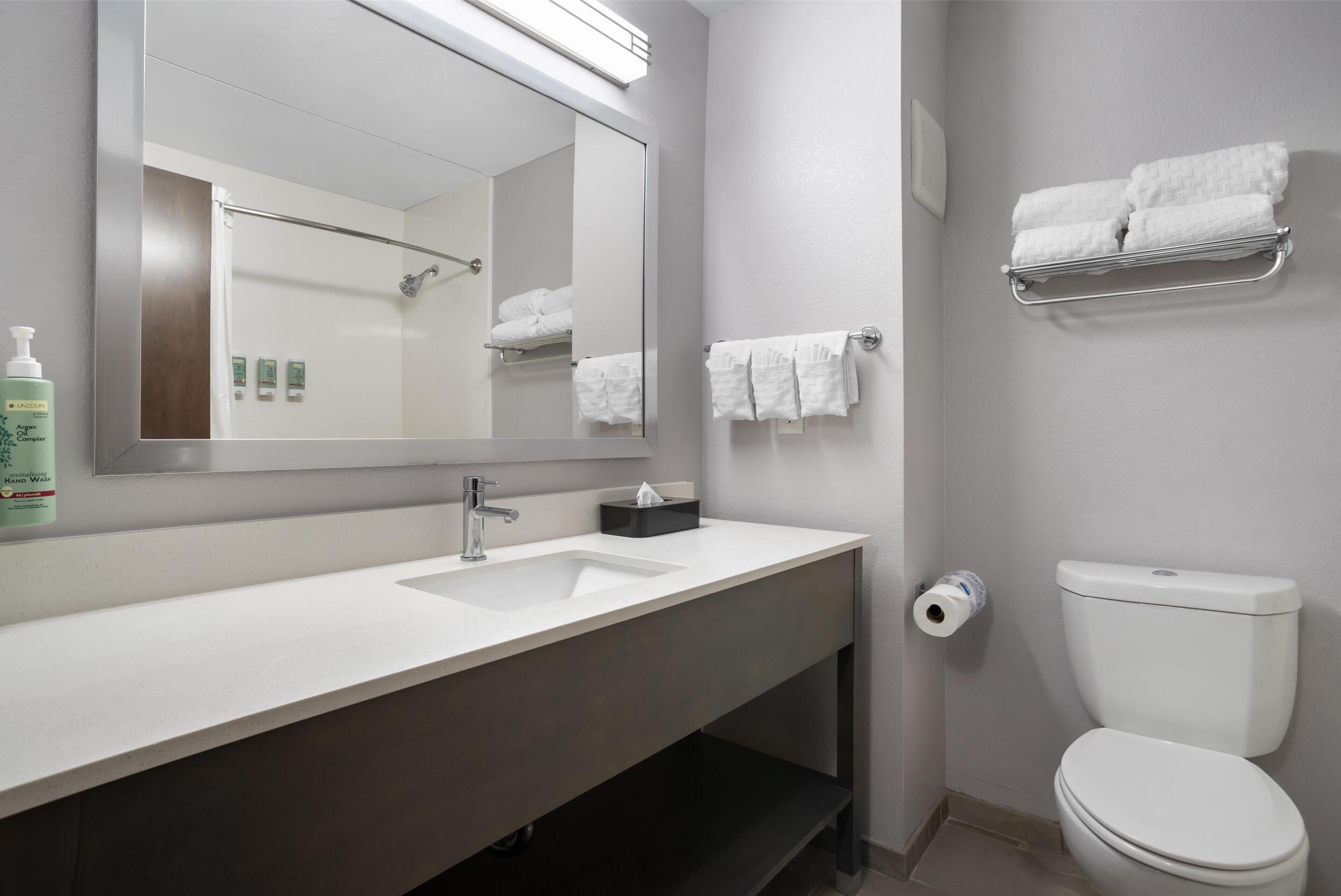 A modern bathroom with a white sink, a large mirror, a toilet, and a towel rack.