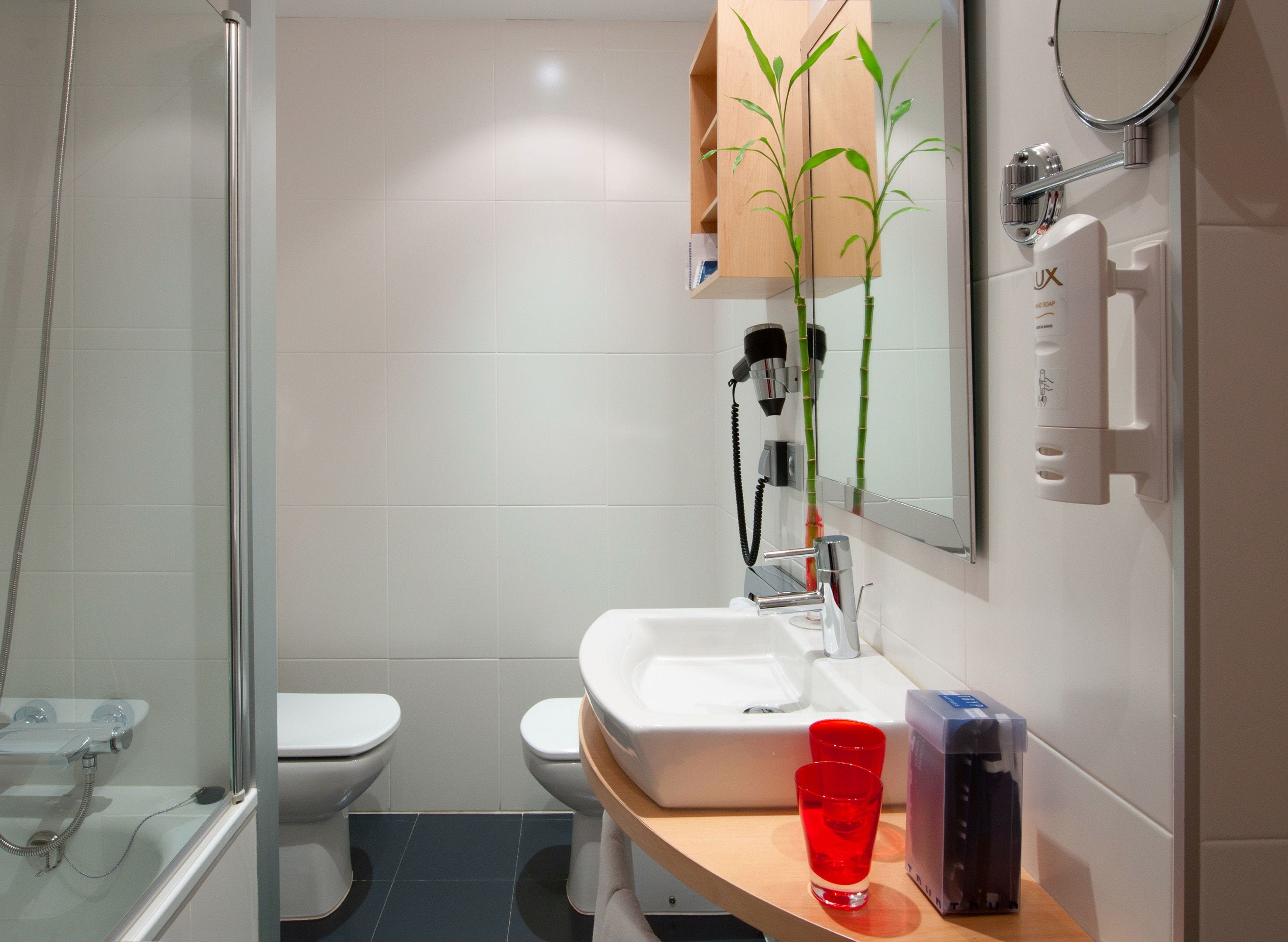 Un baño moderno con cabina de ducha de vidrio, un lavabo blanco con espejo y una planta de bambú en la pared.