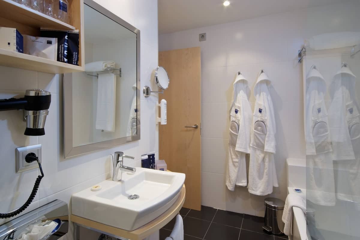 hair dryer, bidet, towels, toilet paper