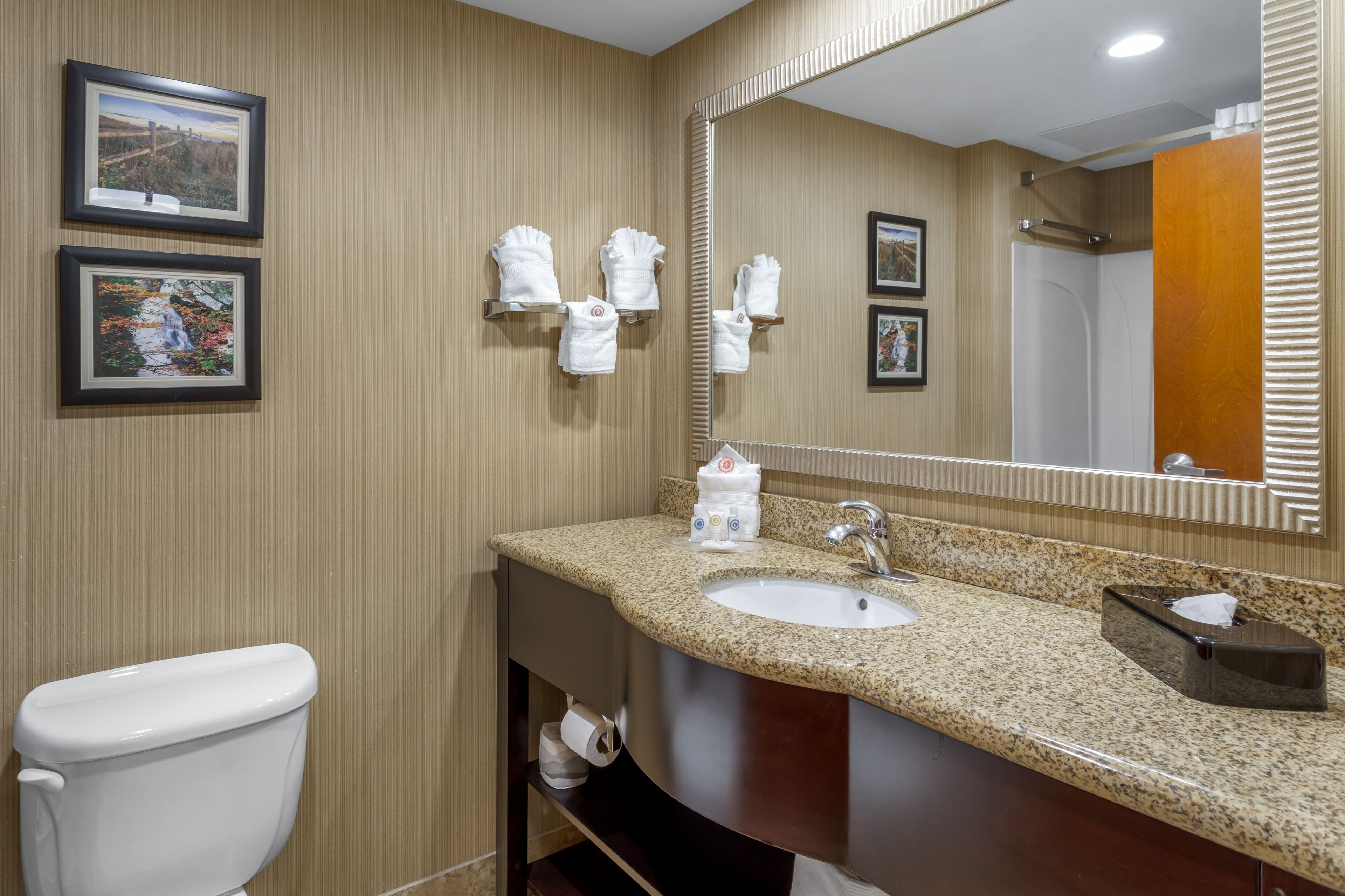 combined shower/bathtub, free toiletries, hair dryer, bathrobes