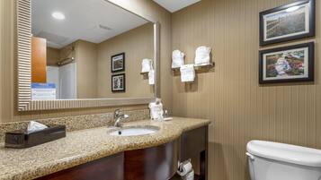 Combined shower/bathtub, free toiletries, hair dryer, bathrobes