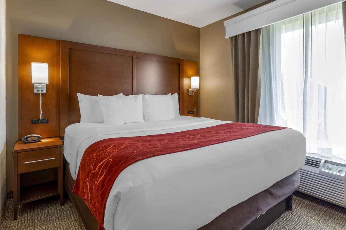 A hotel room with a large bed, two bedside lamps, a nightstand, and a window with curtains.
