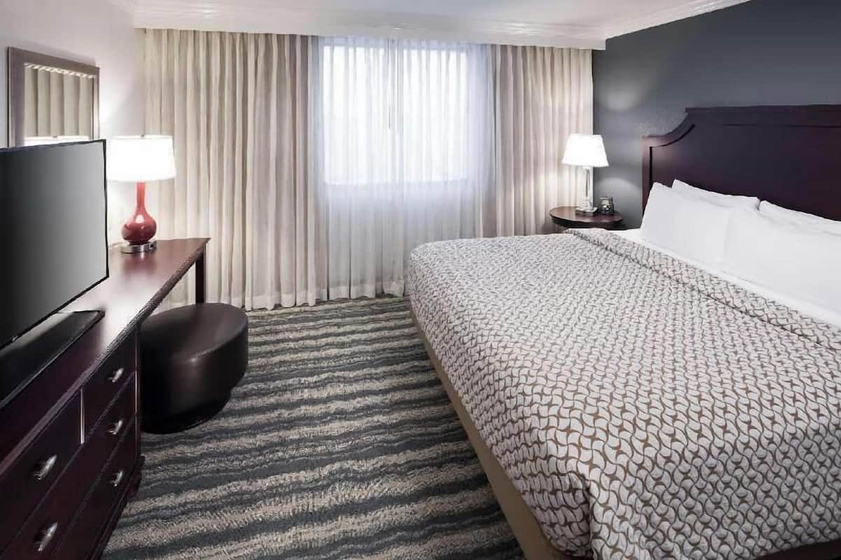 Une chambre d’hôtel avec un lit, une télévision, un bureau, une lampe et une fenêtre avec des rideaux.