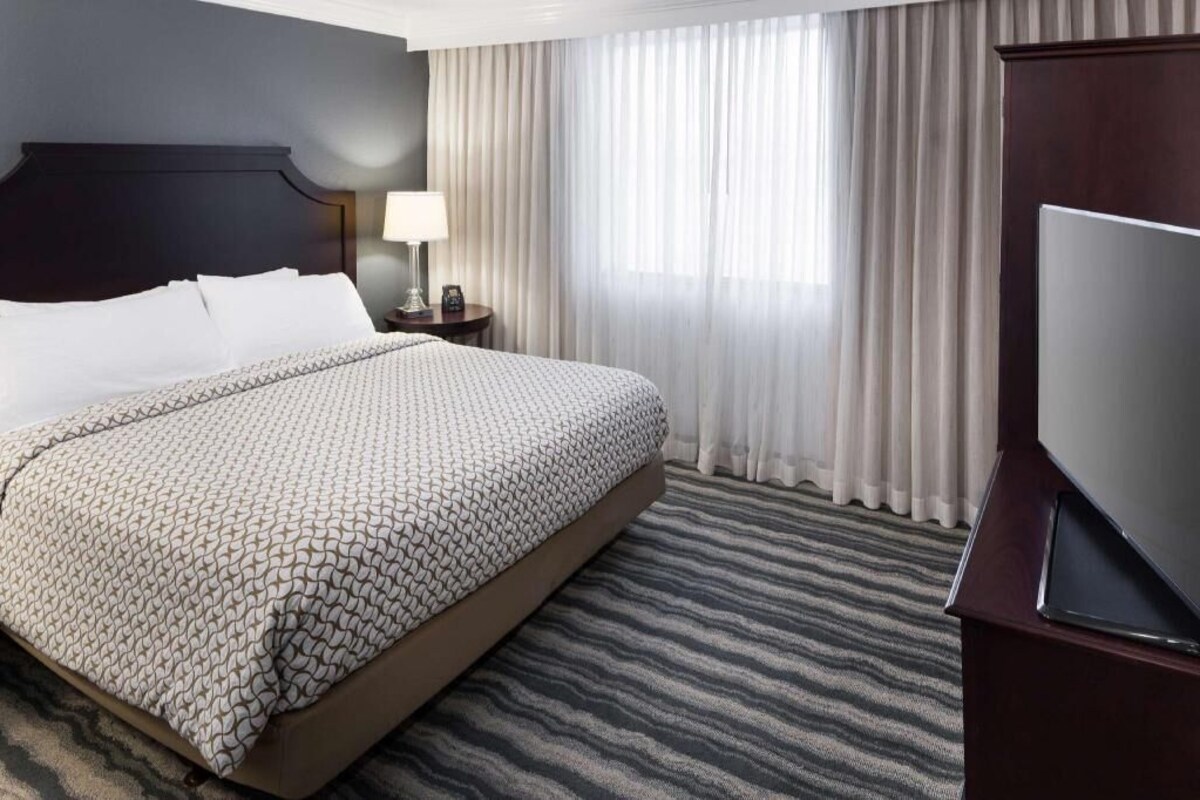 A hotel room with a large bed, a flat-screen TV, a nightstand, a lamp, and a window with curtains.