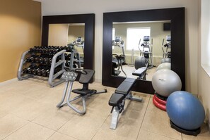 A gym with exercise equipment, a bench, dumbbells, and exercise balls. - Embassy Suites by Hilton Tampa Brandon (Tampa)