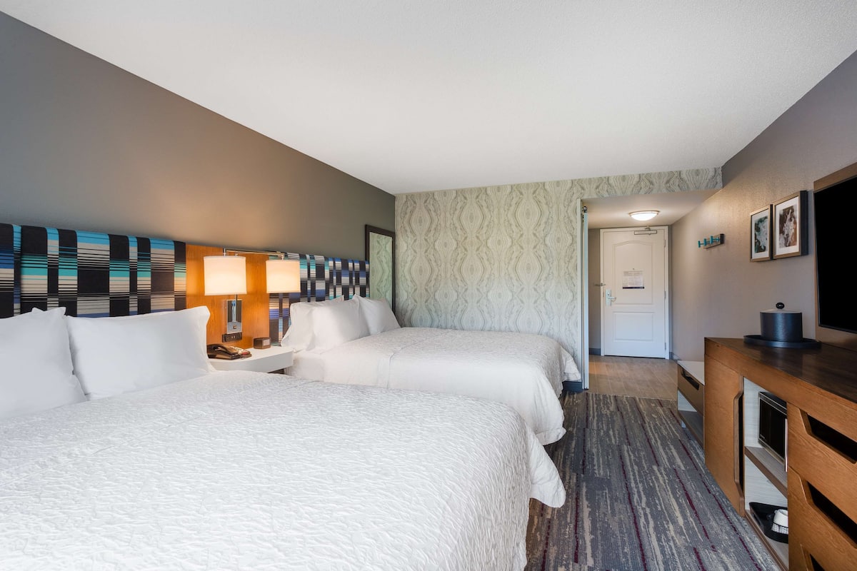 A hotel room with two beds, a desk, a TV, and a patterned wall.