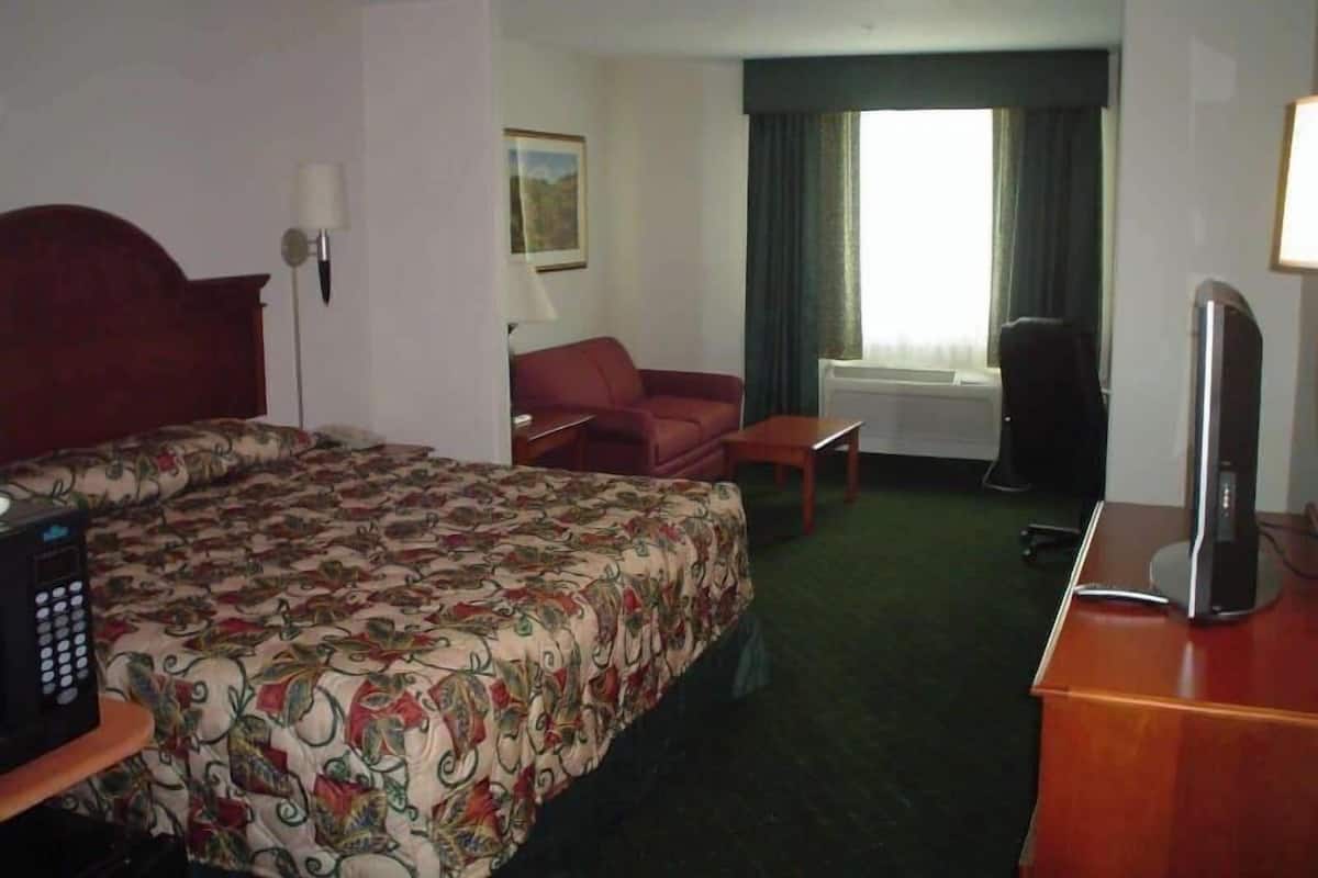 A hotel room with a bed, a desk, a chair, a television, and a window with curtains.