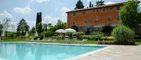 Seasonal outdoor pool, pool umbrellas, pool loungers