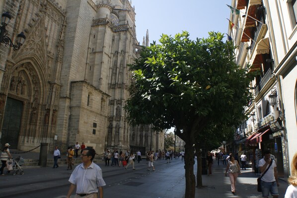 A historic building with Gothic architecture, a tree-lined street, and a crowd of people.
