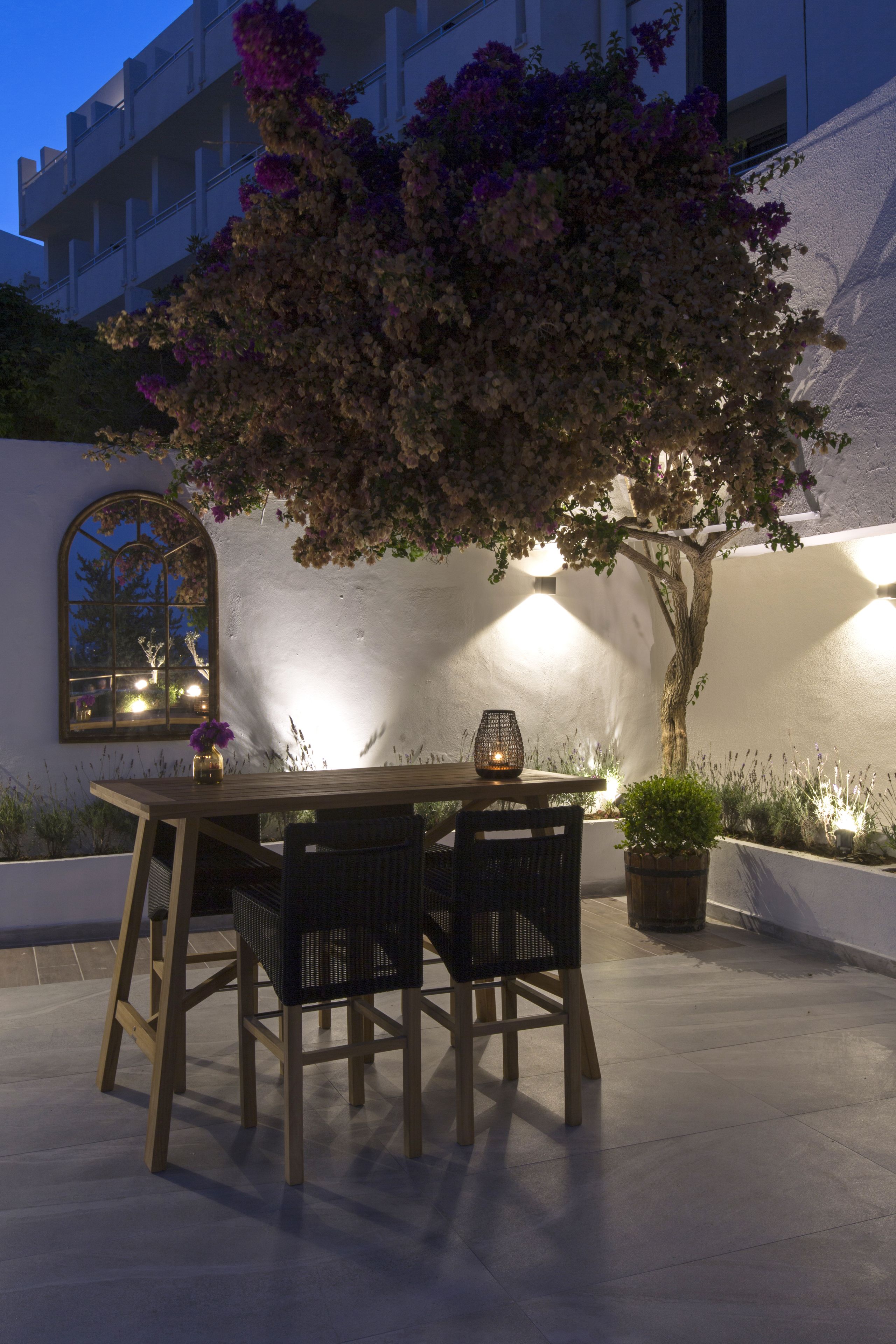 An outdoor patio with a table and chairs, a potted plant, and a tree providing shade.