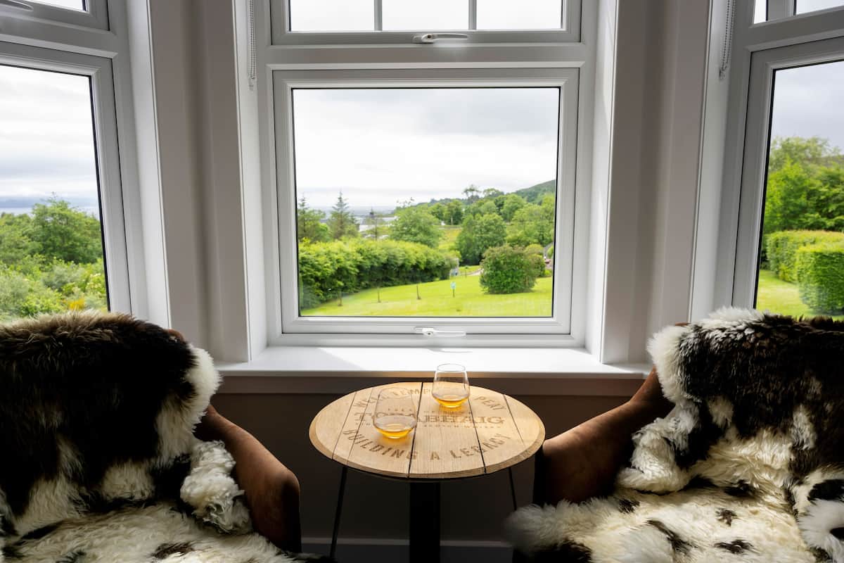 Zwei Hunde sitzen auf einer Couch und blicken auf eine grüne Landschaft durch ein Fenster.