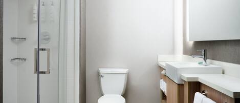 A modern bathroom with a glass shower enclosure, a white toilet, and a vanity with a mirror and sink.