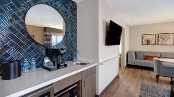 Down comforters, desk, laptop workspace, blackout drapes