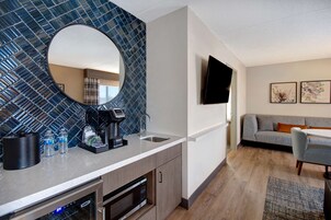 Down comforters, desk, laptop workspace, blackout drapes