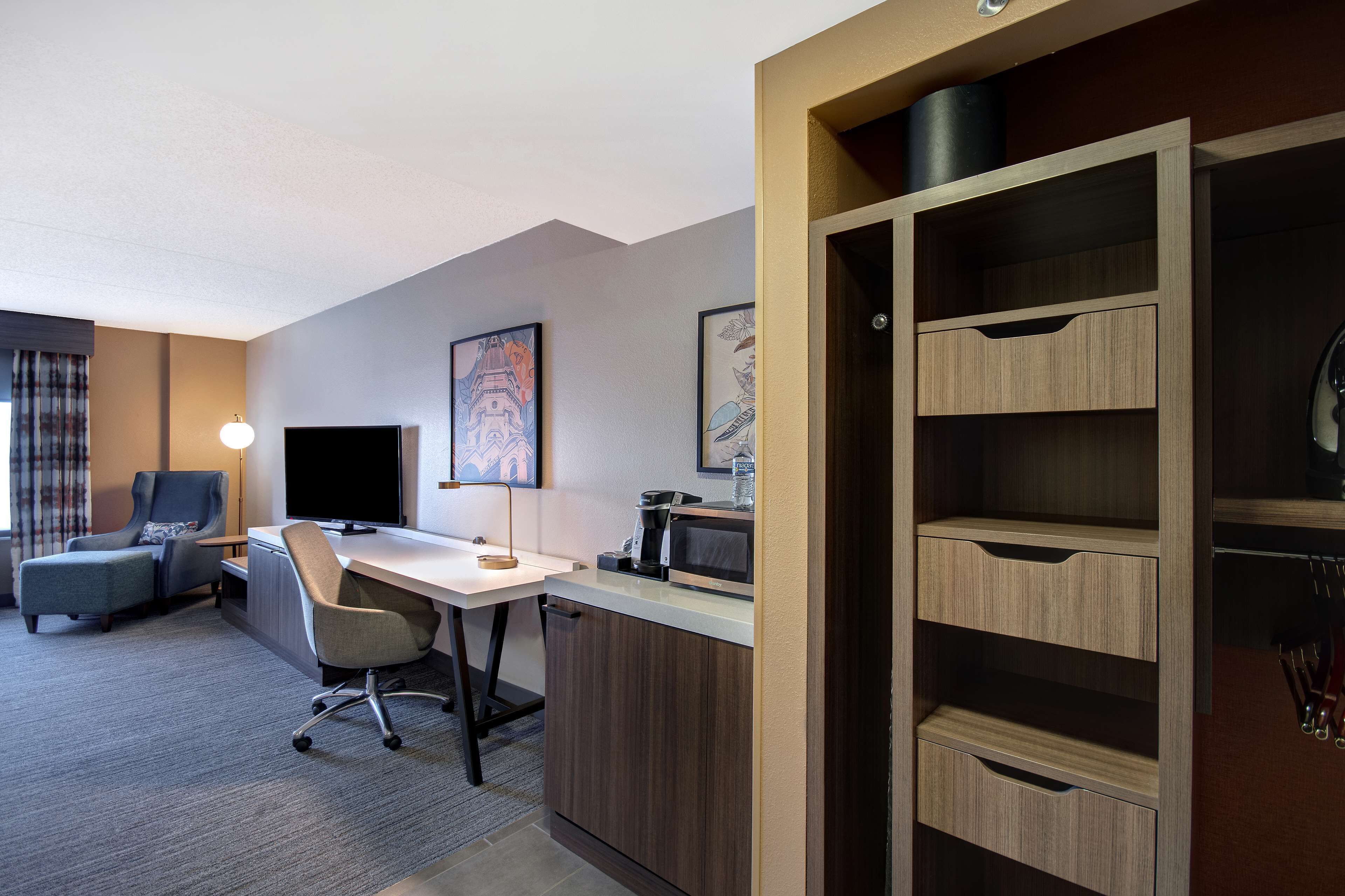 down duvets, desk, laptop workspace, blackout curtains