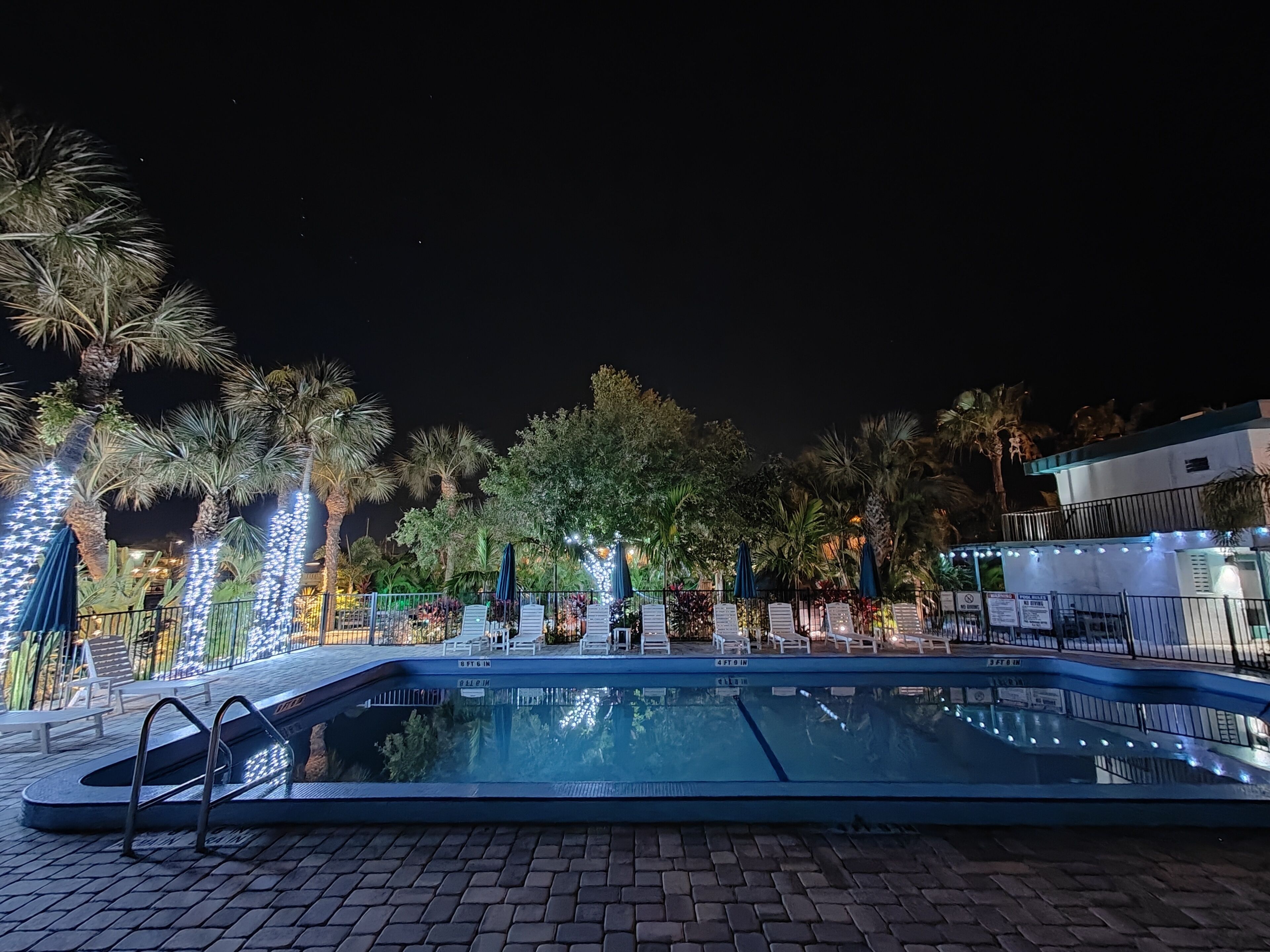 A swimming pool with lounge chairs and umbrellas, surrounded by palm trees and a building with string lights.