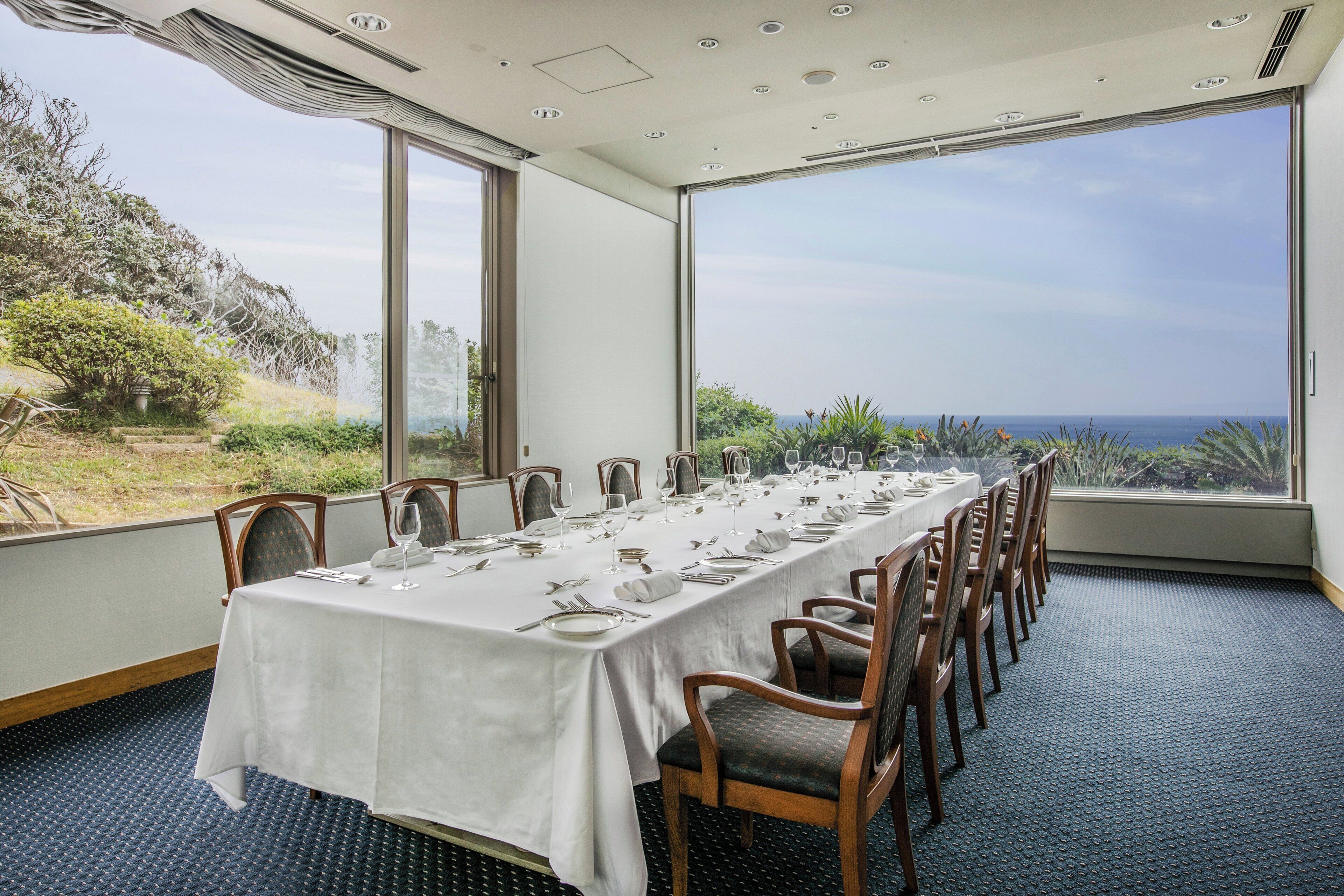 Une salle de conférence dotée d’une longue table préparée pour une réunion, de grandes fenêtres offrant une vue sur l’extérieur et d’un sol recouvert de moquette.
