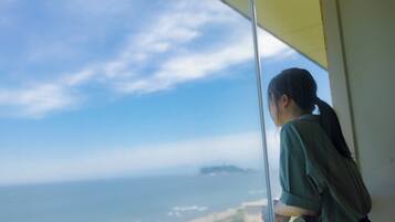 A person leaning on a window with a view of the ocean and distant land.