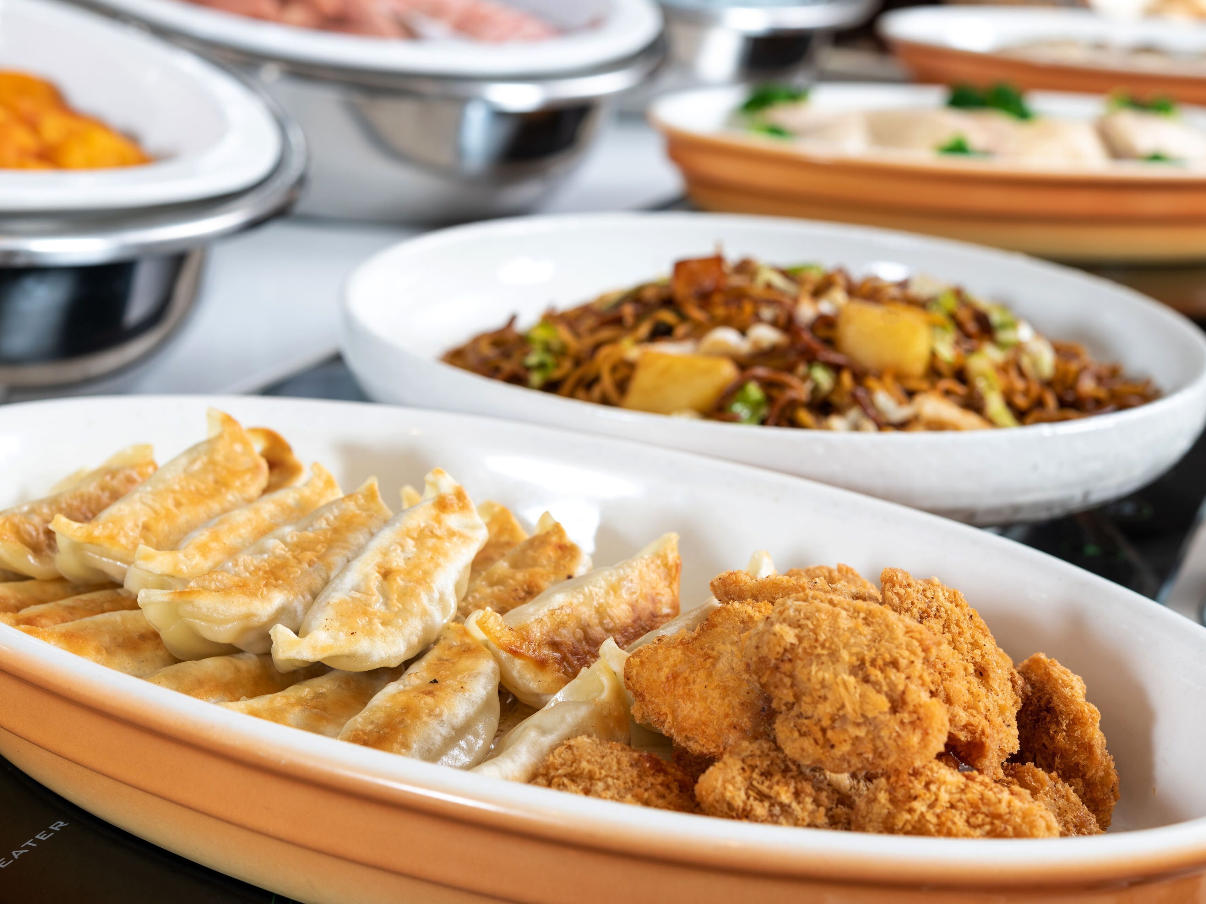 Diversos platos, incluyendo dumplings y frituras, sugieren un bufé o entorno para comidas.