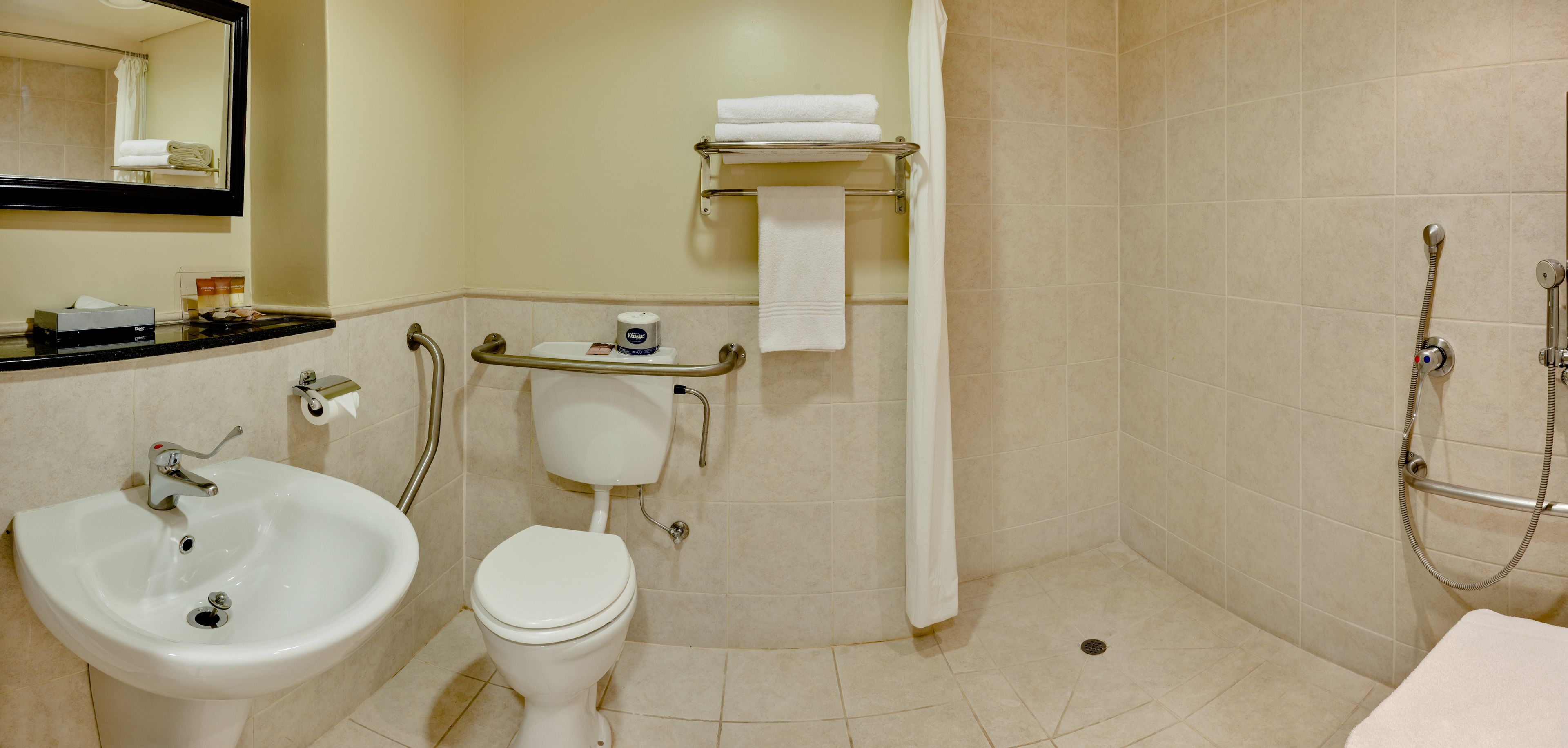 separate bathtub and shower, free toiletries, hair dryer, towels