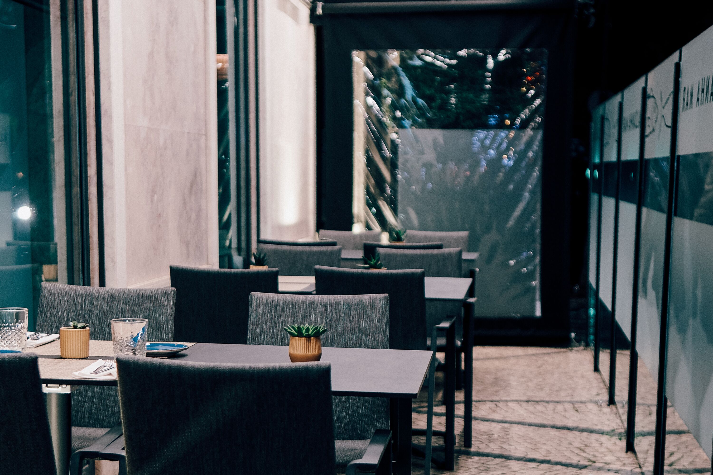 A restaurant with tables and chairs, a potted plant, and a view of trees through a glass wall.