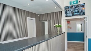 A reception area with a striped wall, a reception desk, a potted plant, and a security camera. - Iveagh Lodge (Dublin)