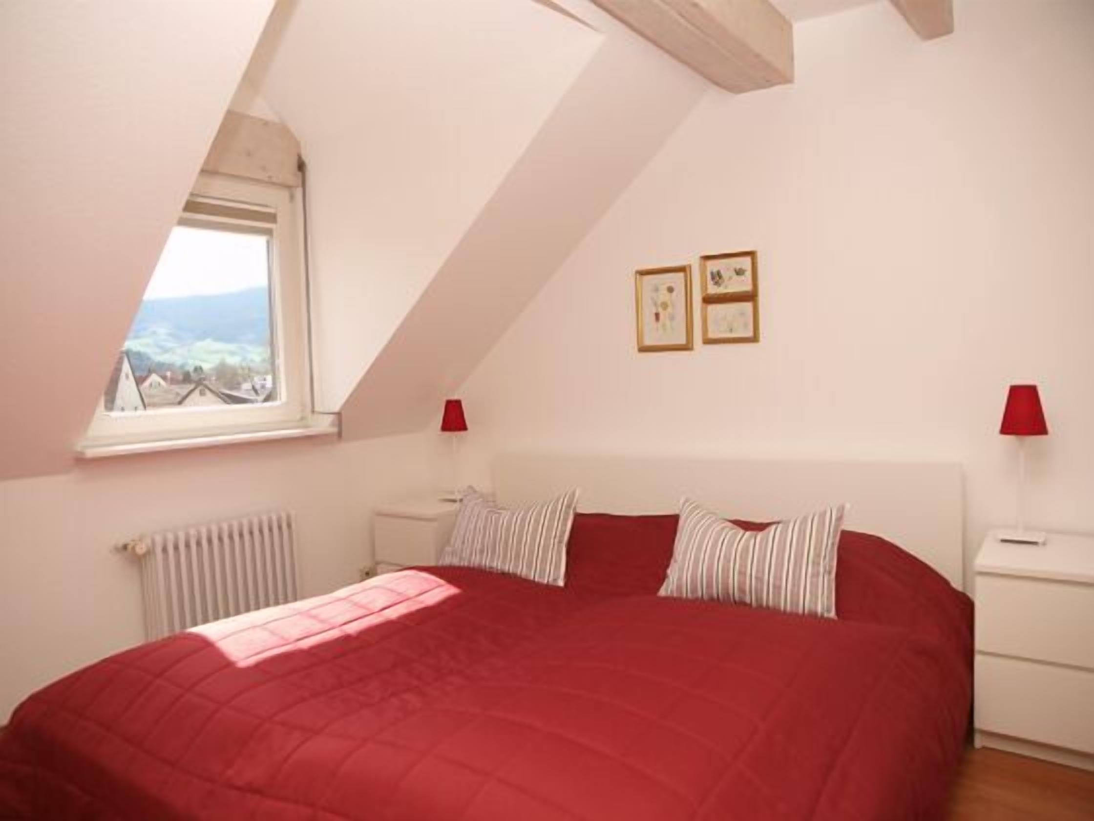 A bedroom with a red bedspread, a skylight, and two bedside lamps.