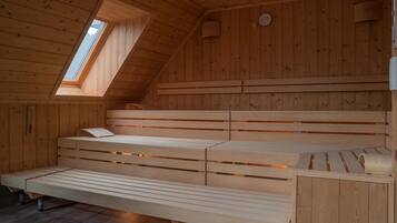 A wooden interior with a sloped ceiling, a skylight, and a bench with a pillow.