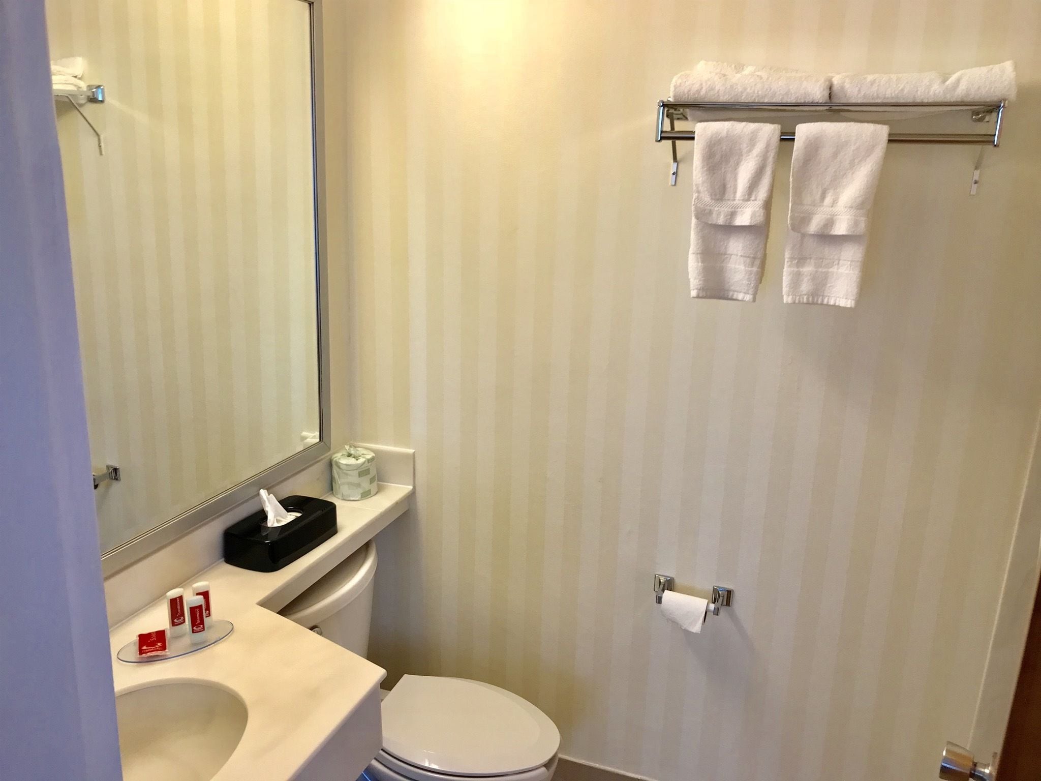 A bathroom with a toilet, sink, and towel rack.