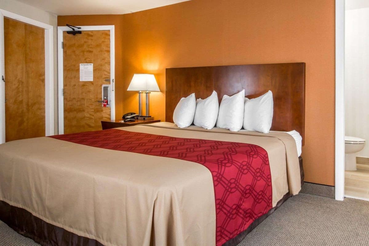 A hotel room with a large bed, a wooden headboard, a nightstand with a lamp, and a door to the bathroom.