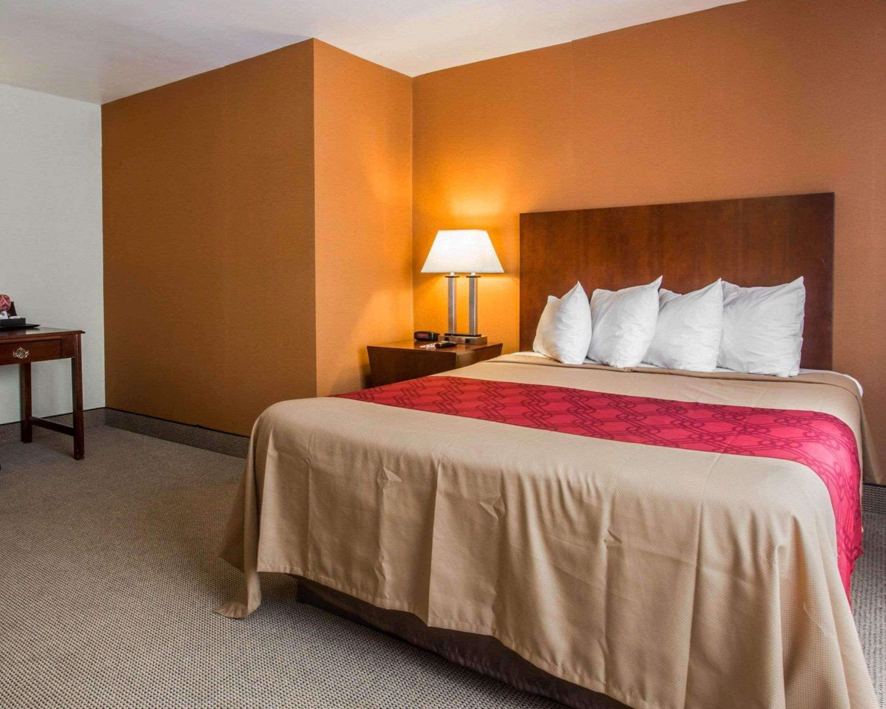 Une chambre d’hôtel avec un grand lit, une table de chevet avec une lampe et un petit bureau.