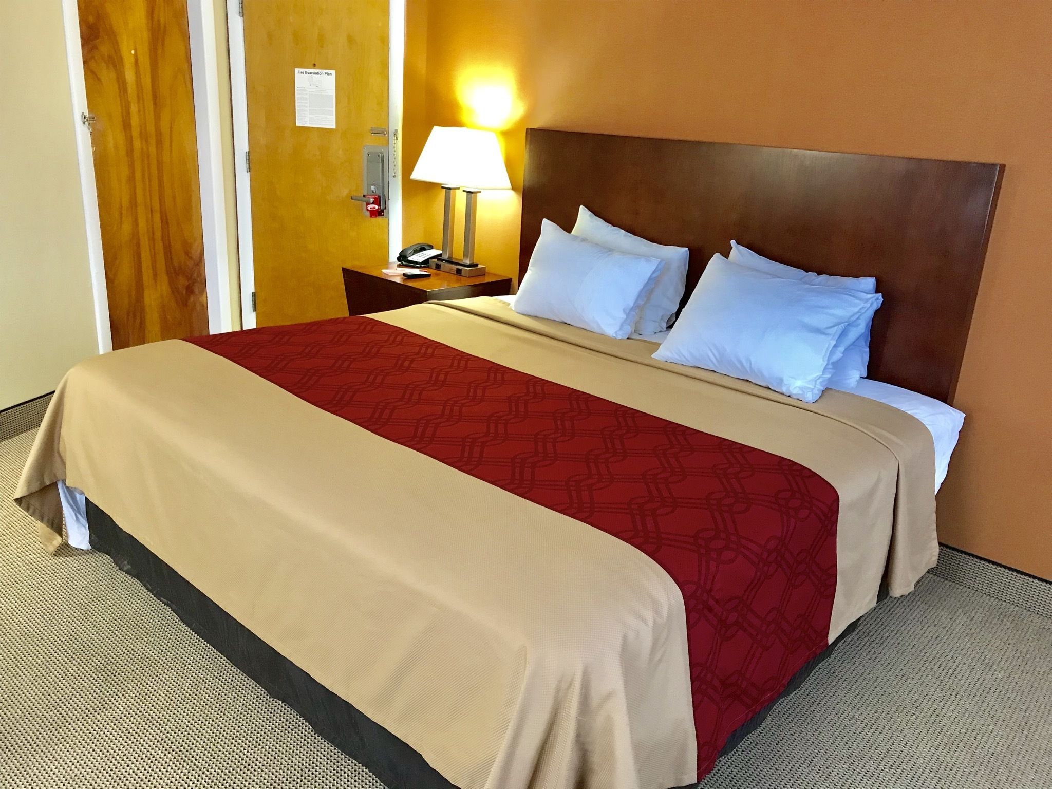A hotel room with a large bed, a nightstand with a lamp, and a door with a fire evacuation plan sign.
