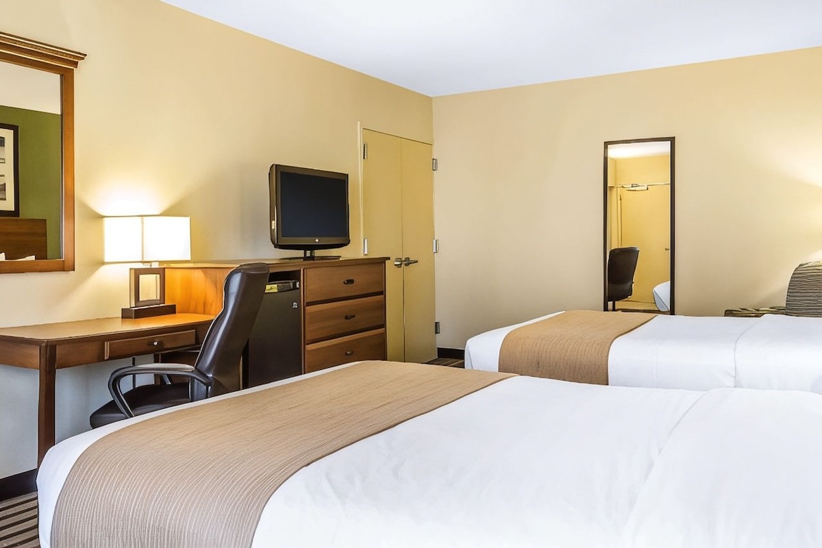 Habitación de hotel con dos camas, un escritorio con silla, televisor, espejo y puerta.