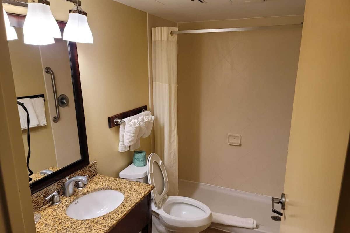 A bathroom with a granite countertop sink, a white toilet, and a shower with a beige curtain.