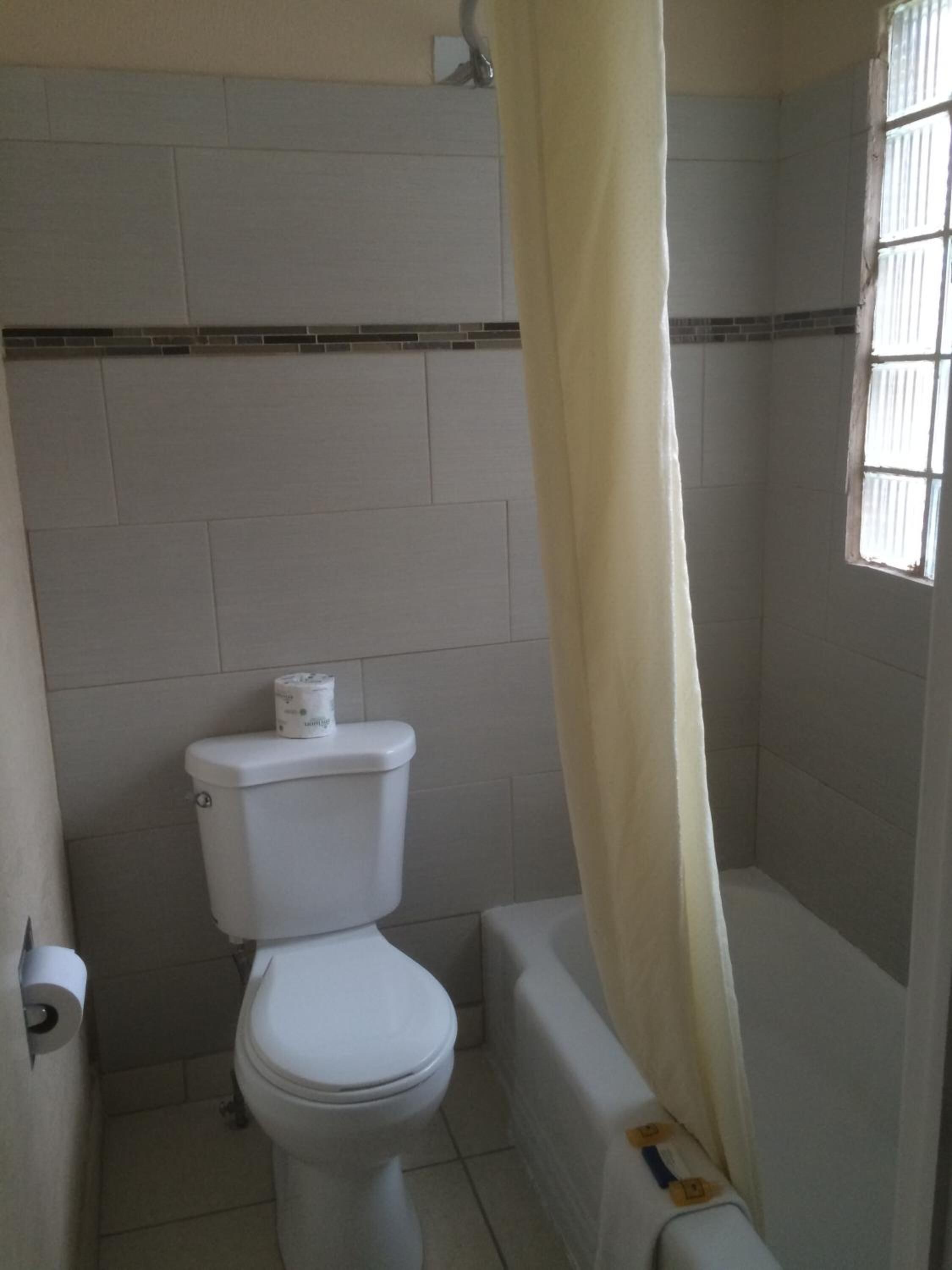 Une petite salle de bain avec des toilettes, une baignoire et un rideau de douche.