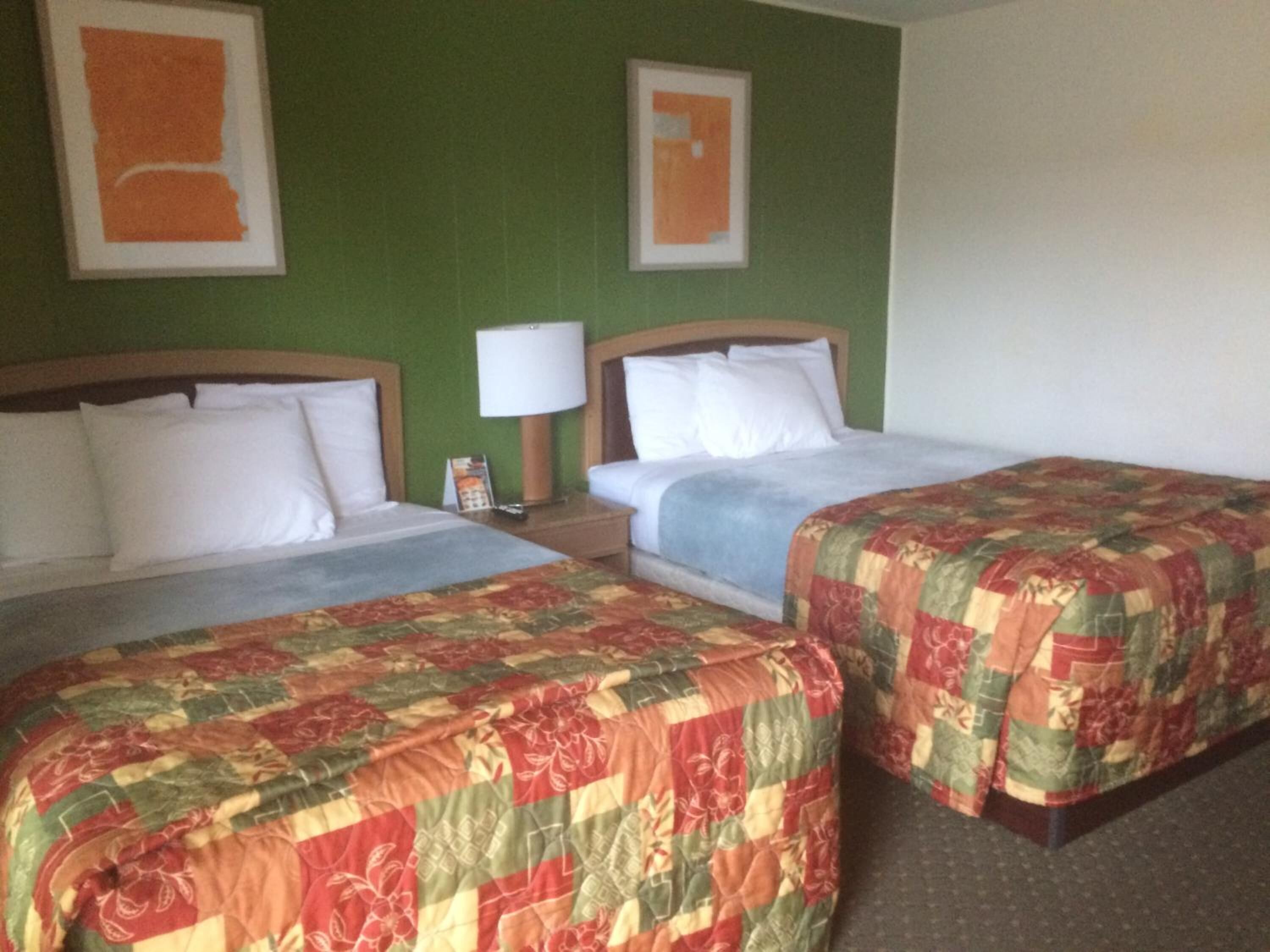 A hotel room with two beds, each with a different patterned bedspread, a nightstand with a lamp, and a framed picture on the wall.
